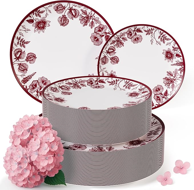 Trendables Disposable Plates For Party Supplies | Burgundy Floral Plastic Plates For Wedding 200 Pcs - 100 X 8 & 100 X 10 Dinner Plate Sets | Floral Plate Set Disposable Plastic Dinnerware Sets