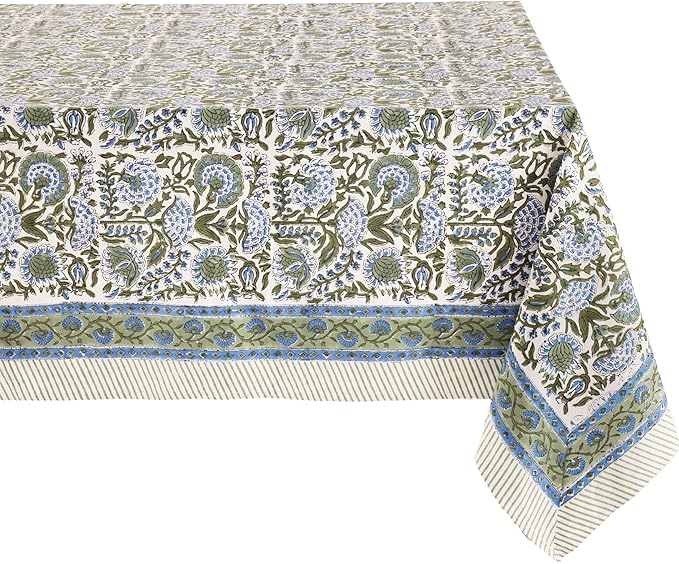 ATOSII Clover Blue 100% Cotton Rectangle Spring Tablecloth, Handblock Floral Linen Table Cloth for Dining Table I Parties Outdoors Fall Christmas Thanksgiving Holidays Decor 72 X 140 Inches, 12 Seater