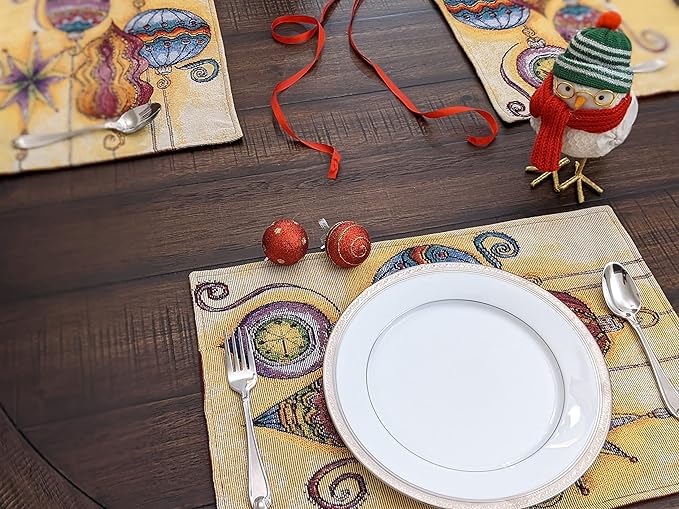 DaDa Bedding Bohemian Ornaments Tapestry Placemats - Set of 4 Festive Christmas Holiday Turkish Star Lights Lanterns - Needle Stitched Cotton Linen Woven Kitchen Dining Table Mats - 13” x 19” (14916)