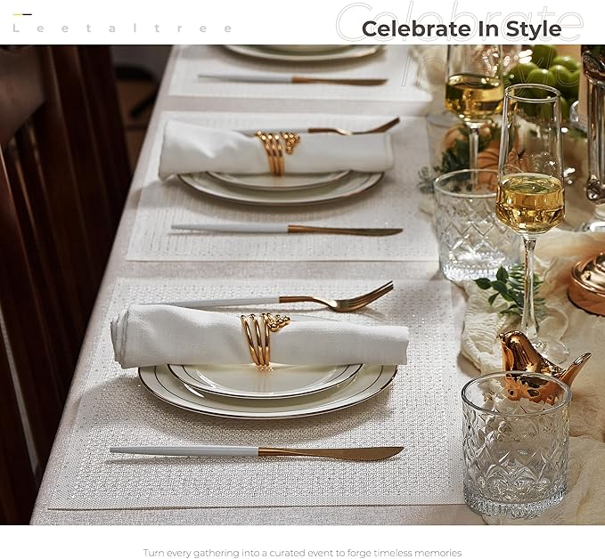 Leetaltree Luxury Crystal White Sequin Placemats Set of 8 - Waterproof Washable for Wedding, Anniversary, Daily Use - Sparkling Table Decor - Hand-Cut