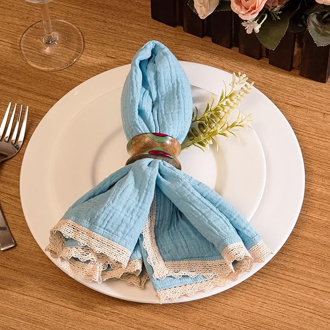 FINGERCRAFT Dinner Cloth Napkin Cotton Muslin Double Gauze 12 Pack with Classic Lace for Everyday Use, Wedding, Party, Christmas, Easter Napkins Cloth are Pre Shrunk and Good Absorbency Aqua Marine
