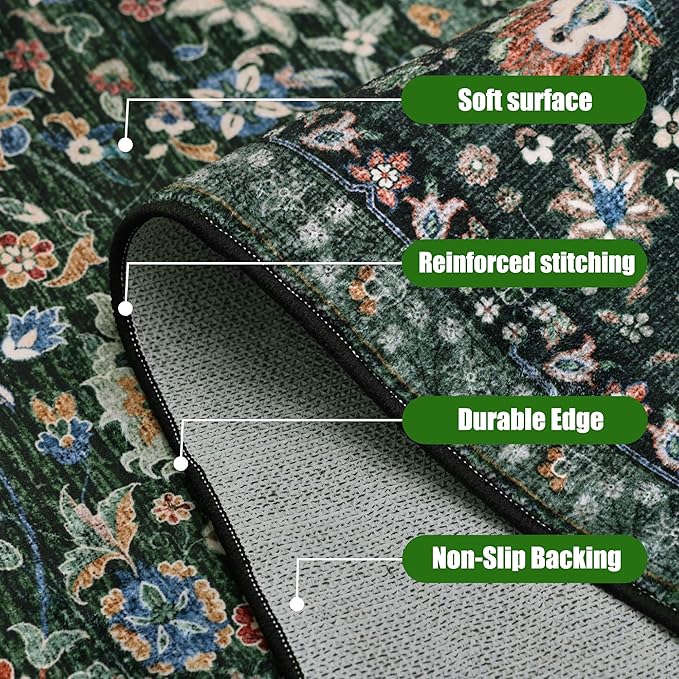 Runner Rugs 2x10 Boho Small Washable Area Rugs for Entryway Bathroom Kitchen, Long Rugs for Hallway Soft Low Pile Non-Slip Rubber Backing Oriental Dark Green