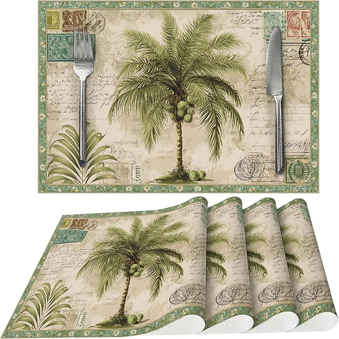 Tropical Tree Placemats Set of 4 Washable Table Place Mats for Dining Kitchen Party Decor