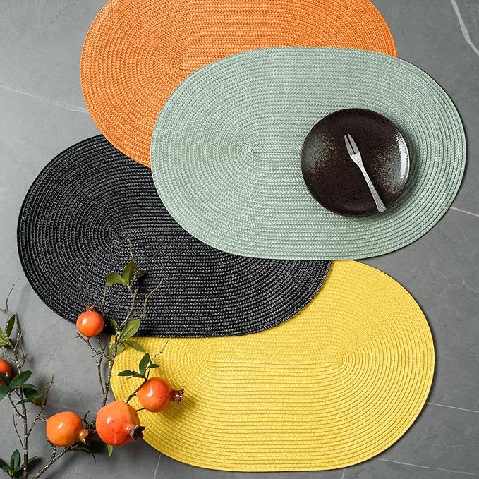 FunWheat Oval Braided Placemats Set of 6 Table Mats for Dining Tables Woven Washable Non-Slip Shining Place mats12x18 Inch Table mats for Indoor Outdoor Use(Oval Orange, 6pcs)