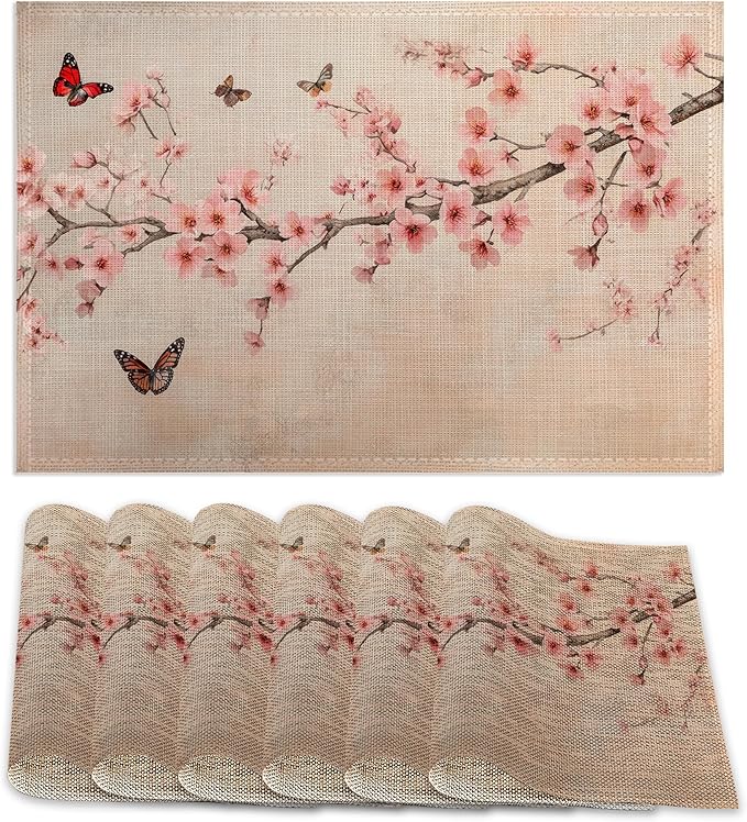 Cherry Blossom Placemats Set of 6,Butterfly Waterproof Non-Slip Washable Table Mats for Kitchen Dining Holiday Party Wedding Decor 12x18 Inch