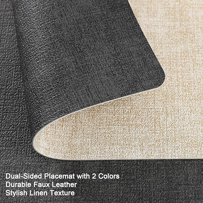 Myir JUN Dual Sided Placemats, Faux Leather Set of 4 for Dining Table Indoor Outdoor, Square Non-Slip Washable Table Mats (Gray Cream-White)