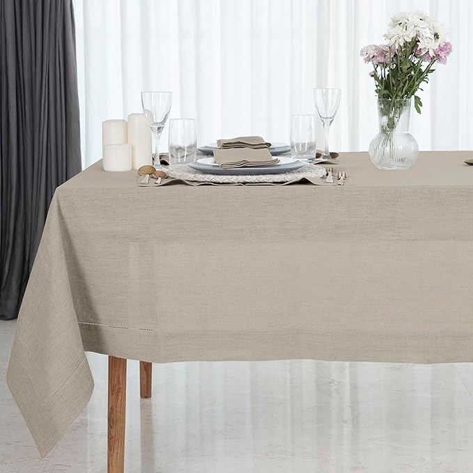 D'Moksha Homes Natural Linen Tablecloth 60 x 156 Inch - 100% Pure Linen Natural Tablecloth for Rectangle Tables - Classic Hemstitch, Machine Washable Table Cloth for Valentines, Spring, Easter