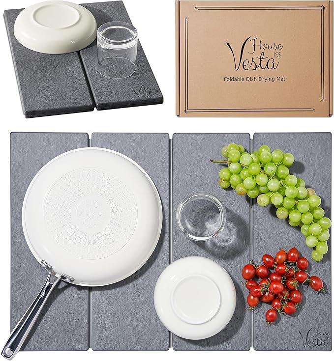 Stone Drying Mat For Kitchen Counter, Diatomaceous Stone Dish Drying Mat For Kitchen - Quick Drying Dish Mat - Water Absorbing Stone Tray, Foldable, Eco-Friendly, Gray Color (23.5 x 15.4")