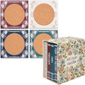 Steel Mill & Co Book Coaster Set of 4, Classic Wood & Cork Drink Coasters with Decorative Paper-Wrapped Storage Box for Aesthetic Coffee Table Decor for Book Lovers (Jane Austen)