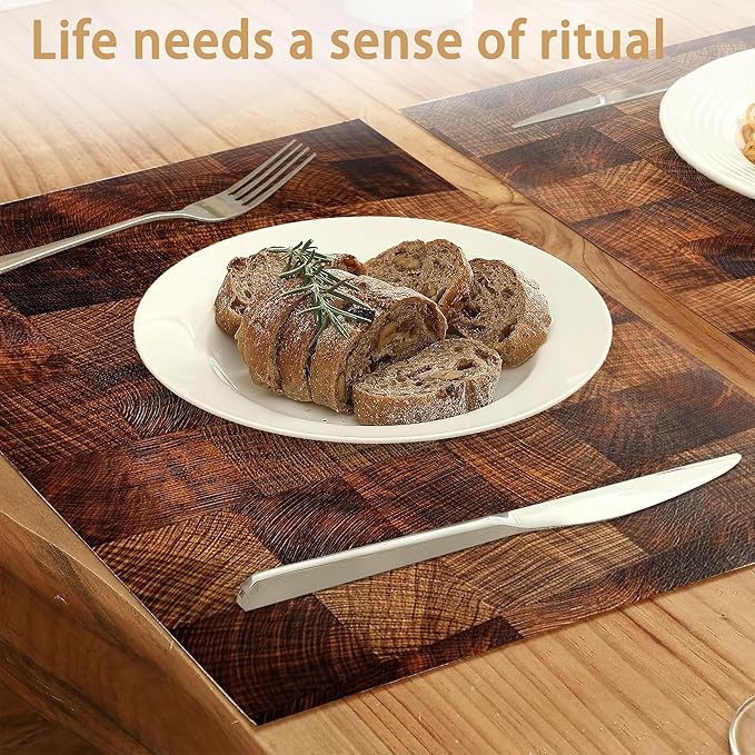 Brown Plaid Wooden Board Placemats Set of 6, Table Mates Non-Slip Heat Resistant Washable Linen Place Mats for Party Kitchen Dining Decoration Indoor Outdoor 12"x18"