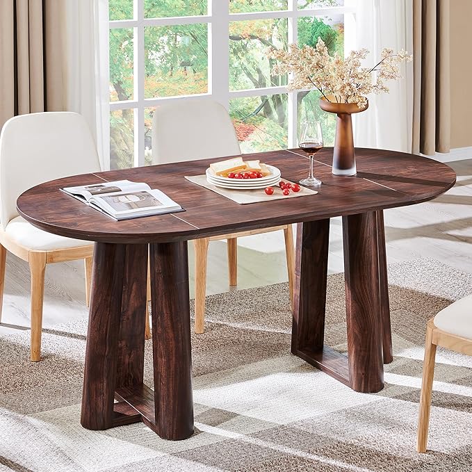 OKD 63" Dining Table for 6-8, Oval Dining Room Table with Triangular Structure Pedestal Stable Base, Curved Table Edge, Circle Kitchen Tables for Dining Room, Kitchen, Dark Walnut
