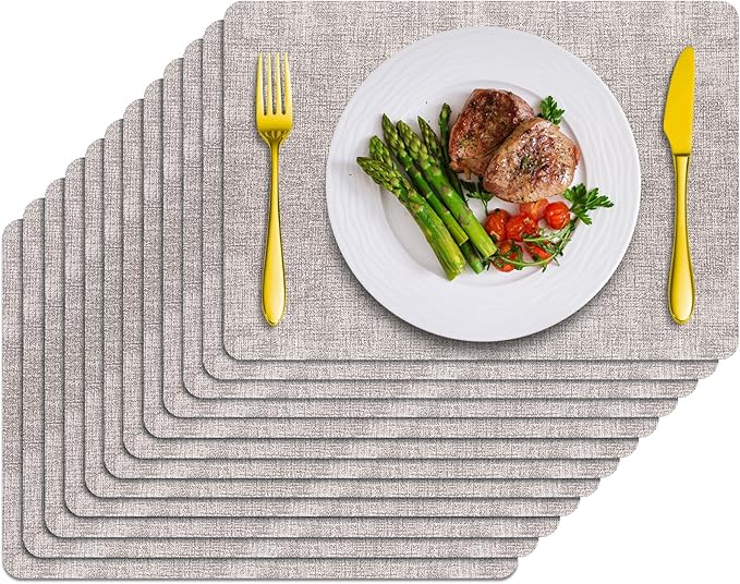 Placemats Set of 12 Washable, Heat Resistant Table Placemats Wipeable Faux Leather Place Mats Non Slip, Waterproof Square Table Mats for Indoor Outdoor, Light Grey