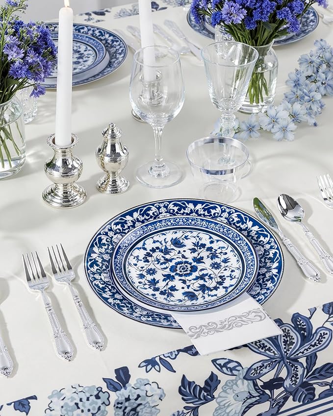 Hioasis 60pcs Blue Plastic Plates Set - Floral Blue & White Porcelain Design, 10.25" Dinner & 7.5" Dessert Plates Disposable for Wedding (Dishwasher Safe, Art Style)