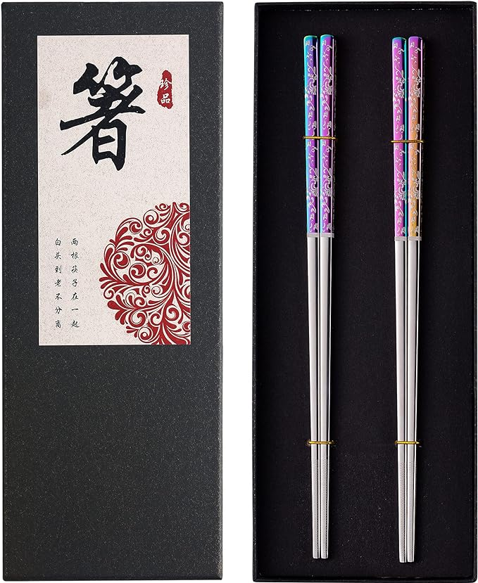 Metal Chopsticks Reusable Dazzling Rainbow Stainless Steel Chopsticks Titanium Plated Dishwasher Safe Fancy Laser Engraved Korean Japanese Chop Sticks Multicolor 2 Pairs Gift Set