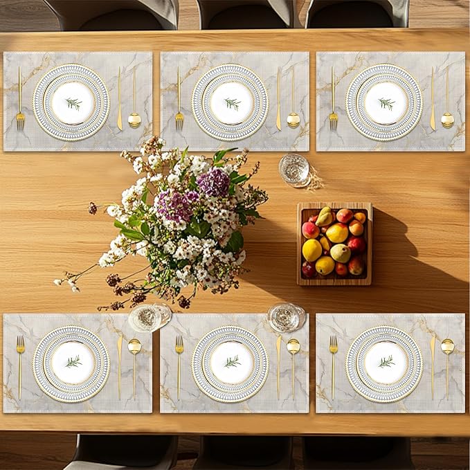 Placemats Set of 6,White Gold Marble Table Mats, Washable Linen Table Mats,Non-Slip Heat Resistant Placemats for Party Kitchen Dining Indoor Outdoor 12"x18"