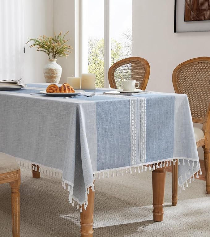 ZeeMart Contrast Linen Table Cloth Rectangle Table Cloths 60x104 Inch Mid-Stripe Blue, Farmhouse Style Heavy Weight Dusty Blue Tablecloth, Water Resistant Burlap Tablecloths