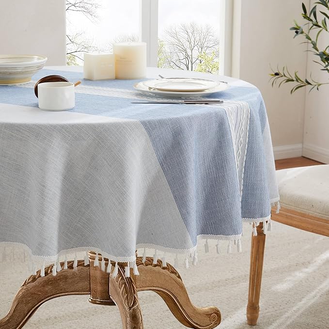 ZeeMart Contrast Linen Round Tablecloth 52 Inch Mid-Stripe Blue, Farmhouse Style Round Table Cloth Heavy Weight Dusty Blue Tablecloths, Water Resistant Burlap Table Cloths