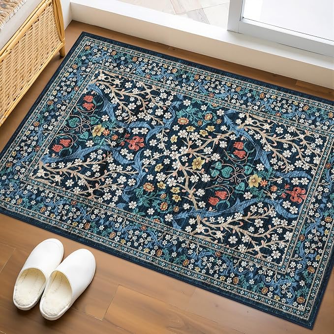 GarveeHome Floral Entryway Rug, 2x3 Washable Front Door Entry Throw Rugs Indoor, Non Slip Bathroom Small Rugs, Boho Thin Rug for Kitchen, Soft Carpet Mat for Bedroom Bathroom, Dark Blue