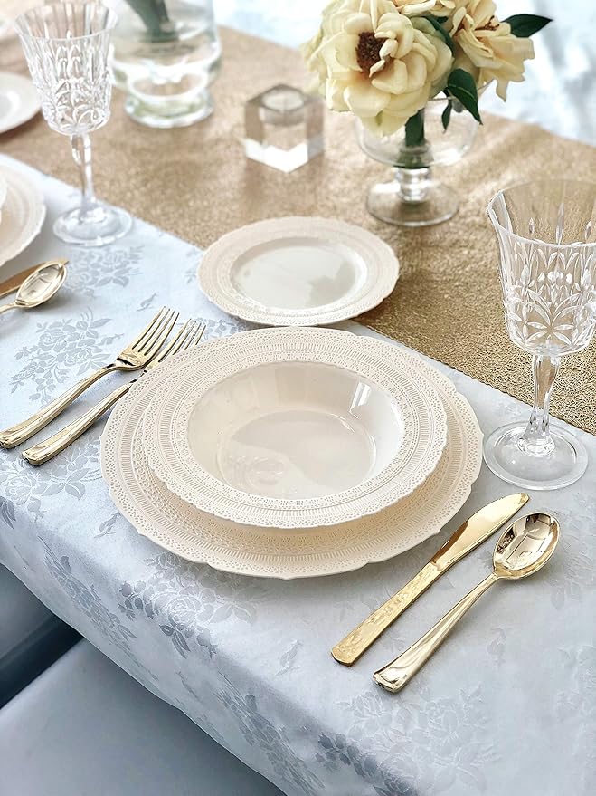 OCCASIONS 80 Plates Pack (40 Guests), Heavy Duty Fancy Ivory Plastic Wedding Plates, 40x11" Dinner + 40x8.25" Salad/Dessert, Disposable Reusable Elegant Vintage (Chateau Ivory)