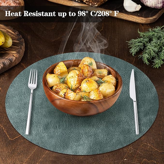 Round Placemats and Coasters Set of 8, Washable Reversible Faux Leather Placemats Cowhide Pattern Place Mats Wipeable Non-Slip 15 inch Round Kitchen Dining Table Mats (Gray Blue Green, 8)