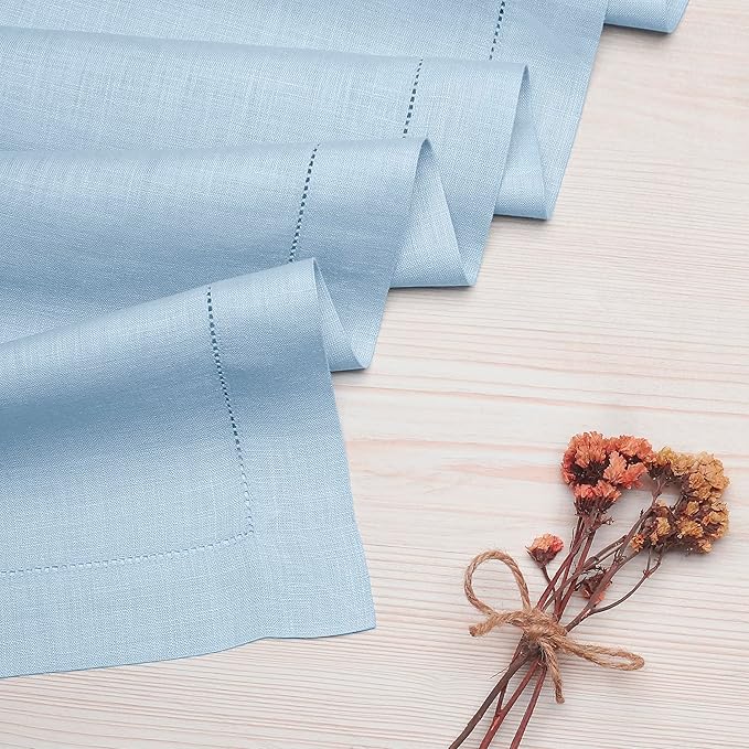 D'Moksha Homes Linen Powder Blue Table Runner 48 Inches - Classic Hemstitch, 100% Pure Linen Coffee Table Runner 14 x 48 Inch Ideal for Dresser Tables - Spring, Easter