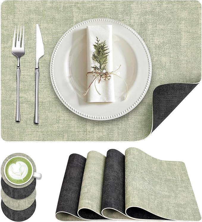 Placemats Set of 4, Faux Leather Heat Resistant Wipeable Placemats, Dual Sided Waterproof Washable Table Mats with Coaster, Suitable for Kitchen, Dining, Table Decor (4, Black Light Green)