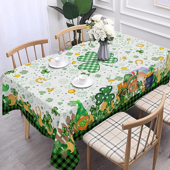 St Patricks Day Tablecloth, St Patricks Table Cloth Rectangle 60 x 120 with Shamrock Gnome, Saint Patricks Day Oblong Tablecloth Buffalo Check Plaid Kitchen Table Cover for Dining Room Indoor Decor