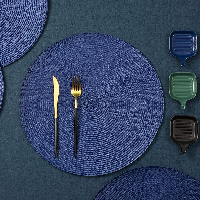 AHHFSMEI Round Braided Placemats 15 Inch Round Table Mats for Dining Tables Natural Woven Heat Resistant Place mats Set of 6 (Navy Blue)