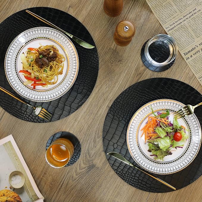 Round Leather Placemats for Round Tables Set of 8, Black Table Place Mats and Coasters, Washable Easy to Care for Indoor Decor 13" Diameter