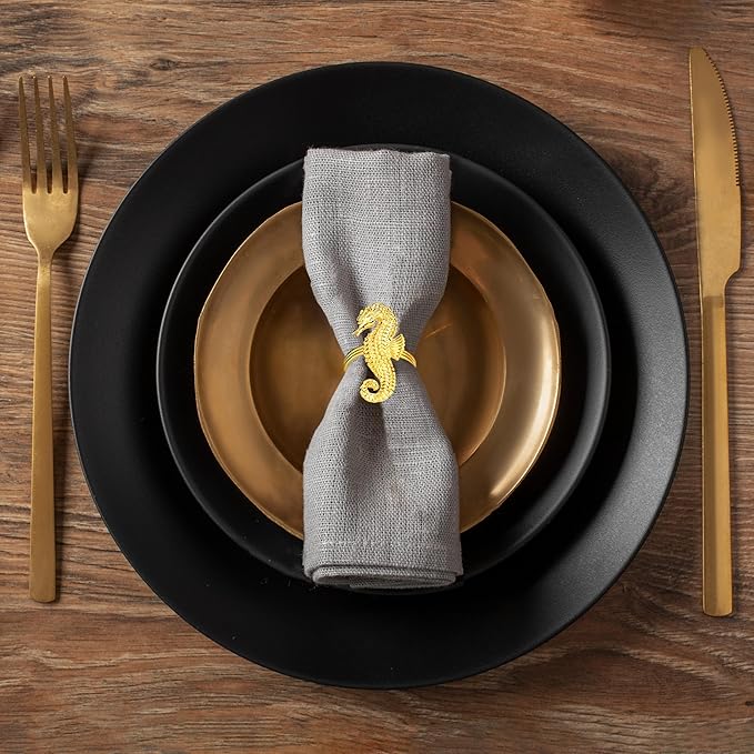 Decozen Set of 4 Gold Napkin Rings in Sea Horse Design, Festive, Table Decor Setting for Holiday, Wedding, Birthday, Kitchen, Home Decor, Housewarming Gift - Mothers Day Decorations