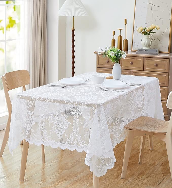 Warm Home Designs 60 x 120 Lace Tablecloth. White Rectangle Tablecloth with English Rose Design. Rectangular Tablecloth, Rustic Tablecloth or Dining Table Cover for 10-12 Guests. LTC White 120"