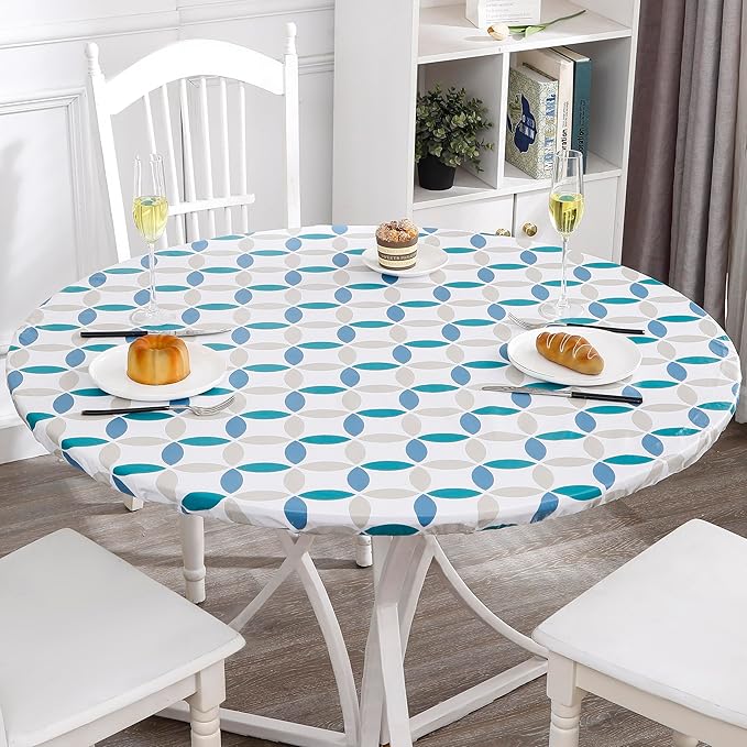 Walrus Round Vinyl Fitted Tablecloth with Flannel Backing Elastic Edge Design Table Cover Waterproof Oil-Proof PVC Table Cloth Stain-Resistant Best for 57"-66" Round