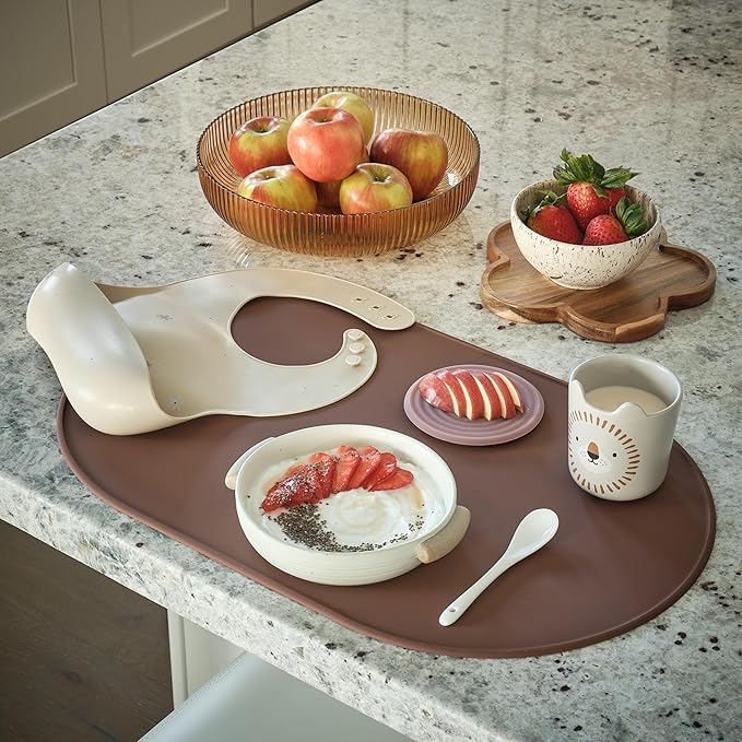 LINE+ARC Waterproof, Stain-Resistant, Heat-Safe Silicone Degrē Placemats (20.5x13, Set of 2 Stonewash) 3mm-High Rim Adults Babies Easy-to-Clean Washable Oval Modern Non-Slip Dining Table Mats