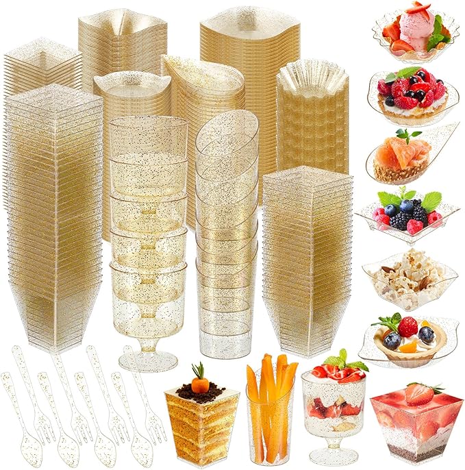Tessco for you 1600 Pcs Mini Appetizer Plates Dessert Cups with Spoons Forks Set Assorted Shape Plastic Parfait Cups Dessert Plates Container Bowls with Disposable Spoon Fork for Party(Gold Glitter)