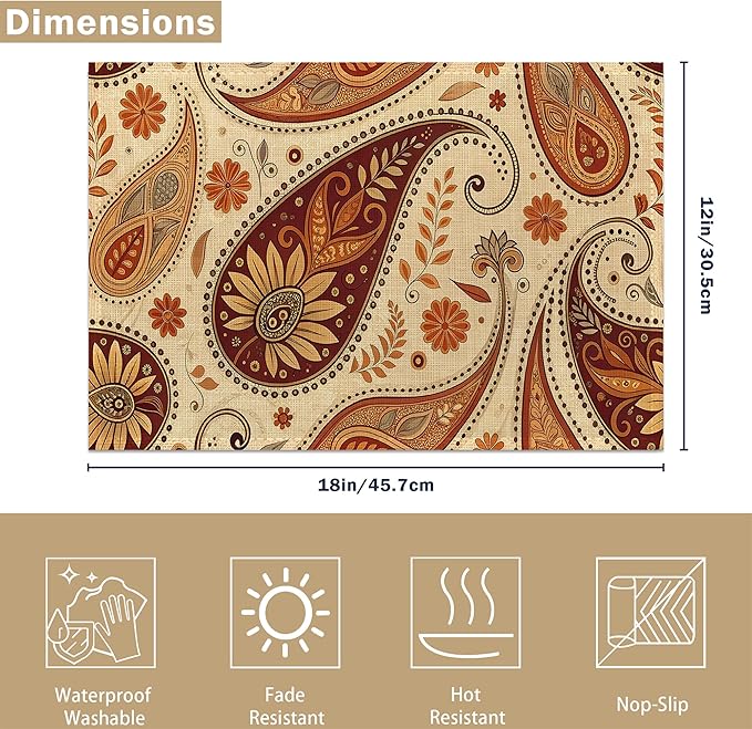 Placemats, Indian Vintage Paisley Pattern Brown Placemats 12x18 Inch Waterproof Non-Slip Washable Table Mats for Kitchen Dining Party Table Decor,Set of 6