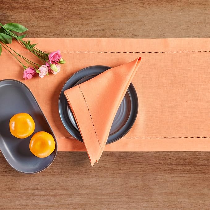 Solino Home Linen Coral Hemstitch Table Runner 36 Inches - 100% Pure Linen Small Table Runner 14 x 36 Inch Ideal for Dresser and Coffee Tables, Valentines, Spring, Easter - Classic Hemstitch