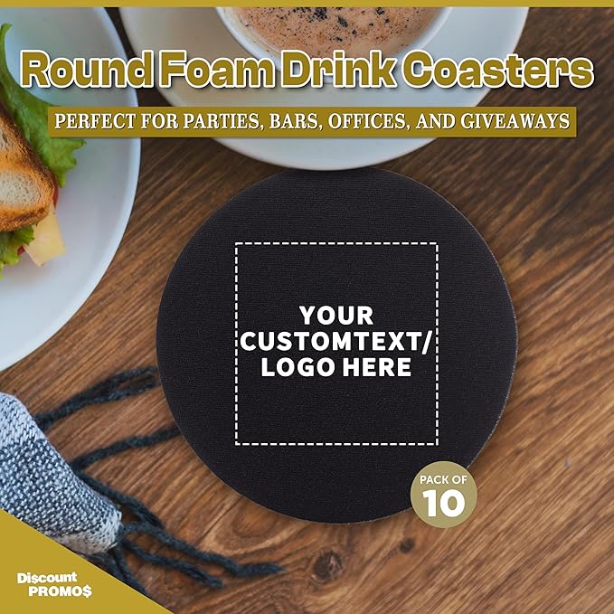 10 Round Foam Bud Coasters Pack, 4 inch - Customizable Text, Logo - PU Foam, Party Favor - Black