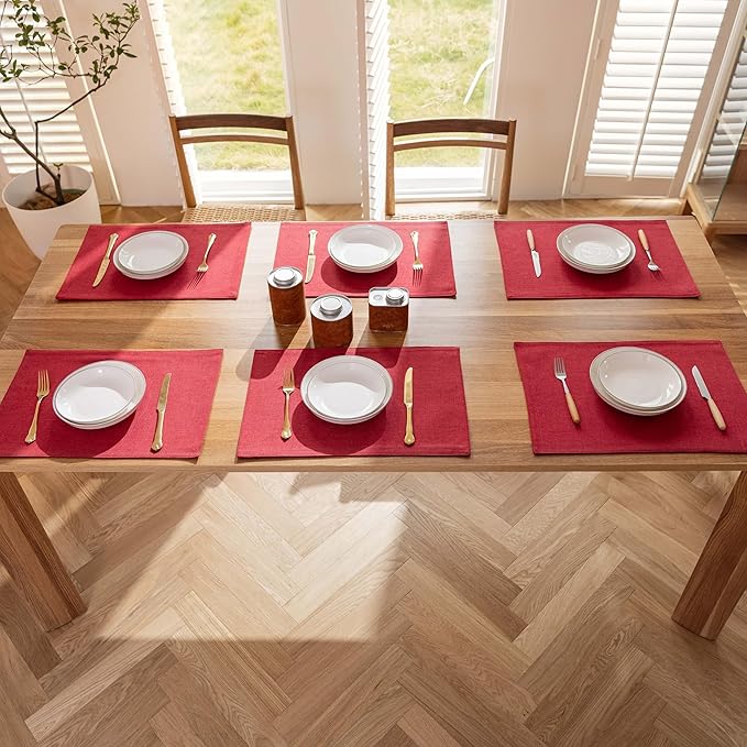 Demetex Valentines Placemats Set of 6 Red Linen Wipeable Place Mats Heat Resistant Cloth Placemats for Dining Table Restaurants Holiday, 13 x 19 inches, Wine Red