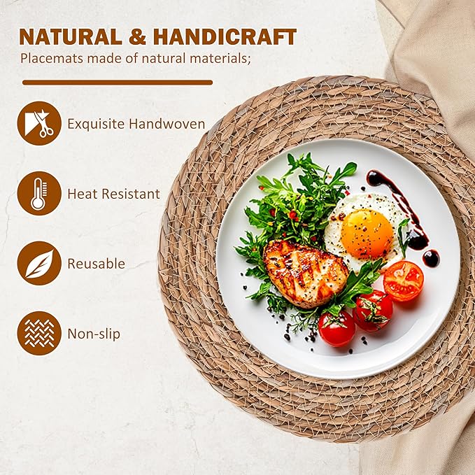 GENMOUS Woven Placemats Set of 10, 13" Round Placemats Natural Water Hyacinth Boho Placemats,Farmhouse Rattan Chargers for Dinner Plates,Rustic Braided Wicker Table Mats for Thanksgiving,Home,Wedding