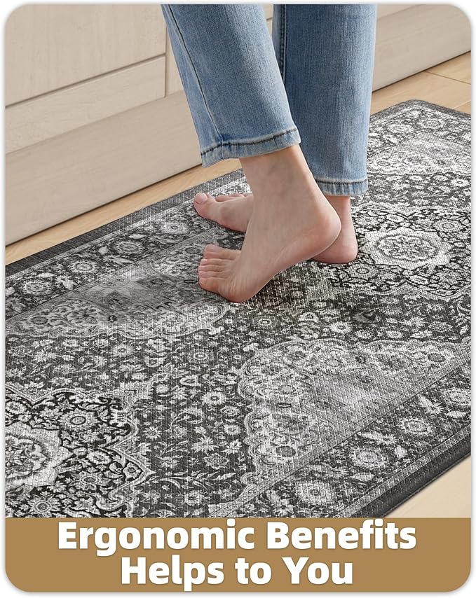 Color&Geometry Anti Fatigue Kitchen Mats for Floor 24x87, Vintage Decor, Easy Clean, Waterproof & Oil Proof, 0.4" Thick Cushioned, Non-Slip Kitchen Runner Rug for Sink, Laundry, Office, Grey