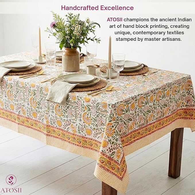 ATOSII Clover Yellow 100% Cotton Rectangle Fall Tablecloth, Handblock Floral Print Linen Table Cloth for Kitchen Dining I Parties, Outdoors, Christmas, Thanksgiving I 72 X 140 Inches I 12 Seater