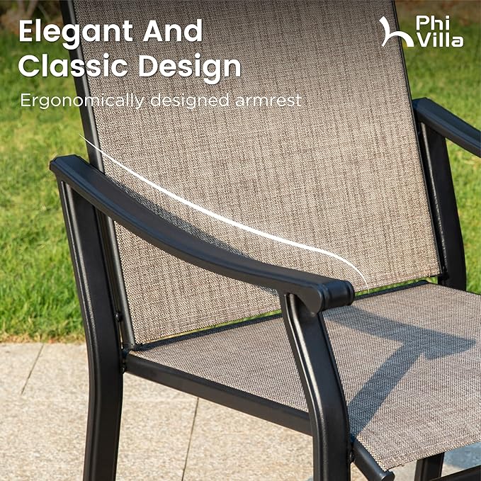 PHI VILLA Outdoor Dining Chairs Set of 4, Breathable Textilene Fabric and Metal Frame with Backrest and Armrest,Quick-Dry and Rustproof,Patio Chairs for Lawn,Garden