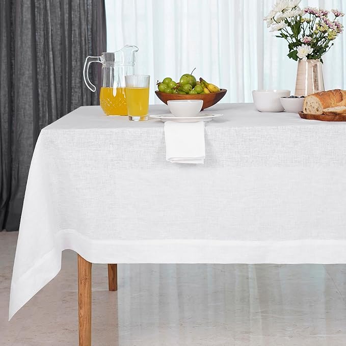 D'Moksha Homes White Linen Tablecloth 54 x 72 Inch - 100% Pure Linen Tablecloth for Rectangle Tables - Machine Washable Table Cloth for Valentines, Spring, Easter