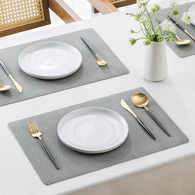 Jovono Faux Leather Placemats Set of 6, Waterproof Washable Table Mats, Easy-Clean Heat Resistant Kitchen Vinyl Place Mat for Dining Table, Restaurant, Indoor, 17.8"x11.8", Light Gray