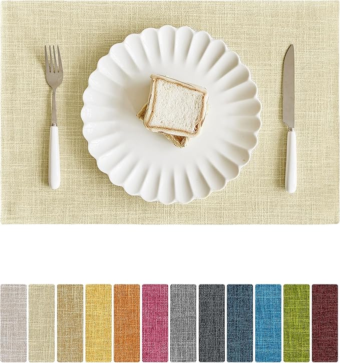 Softalker Faux Linen Placemats Set of 6-12 x 18 Inch, Heat Resistant Double Layered Durable Burlap Farmhouse Place Mats, Non-Slip Washable Rustic Table Mats for Dining, Kitchen, Party（Light Linen