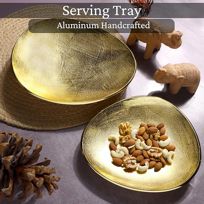 CLEENTABLE Oval Metal Serving Trays | Stylish Vanity Organizer or Catchall Valet Display | Handmade Metal Platter for Vanity Organizer Tray for Camping, BBQ, Party, Buffet, Appetizer (Gold)