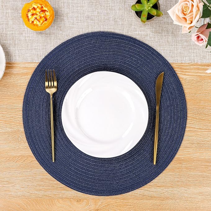 SHACOS Round Placemats Set of 8 Washable 15 inch Round Table Mats Cotton Polyester Woven Braided Place Mats for Dining Table, Navy