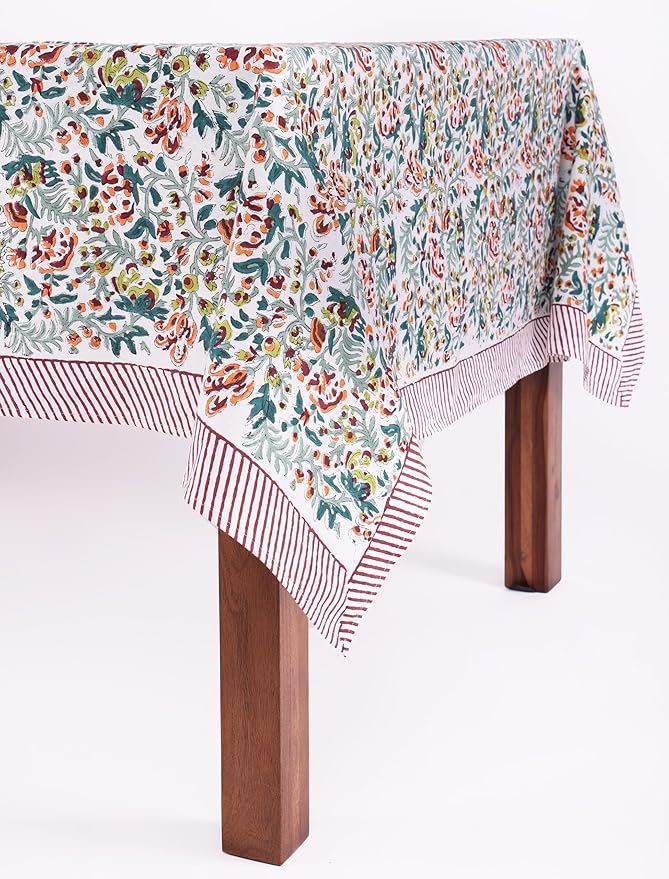 ATOSII Ambrosia Green 100% Cotton Rectangle Fall Tablecloth, Handblock Floral Print Linen Table Cloth for Kitchen Dining I Weddings, Outdoors, Christmas, Thanksgiving 60 X 108 Inches I 8 Seater