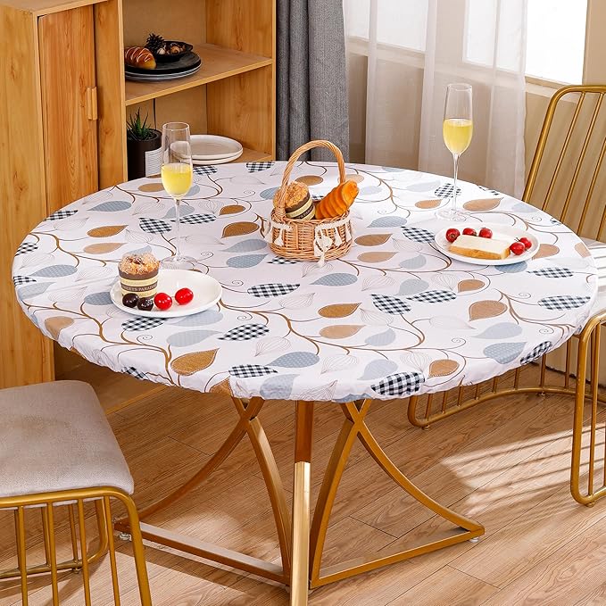 Walrus Round Vinyl Fitted Tablecloth with Flannel Backing Elastic Edge Design Table Cover Waterproof Oil-Proof PVC Table Cloth Stain-Resistant Best for 37"-44" Round