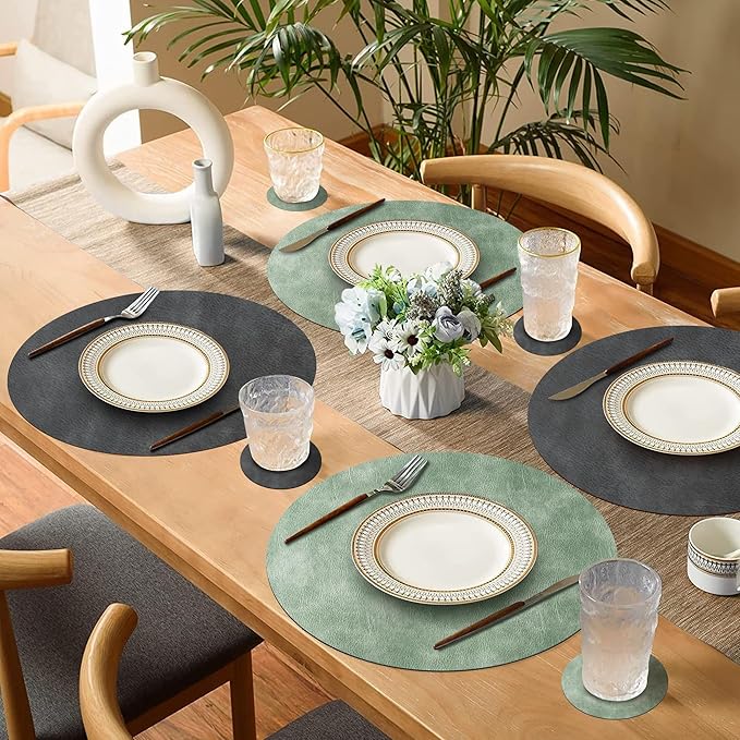 Round Placemats and Coasters Set of 6, Washable Reversible Faux Leather Placemats Cowhide Pattern Place Mats Wipeable Non-Slip 15 inch Round Kitchen Dining Table Mats (Gray Green, 6)